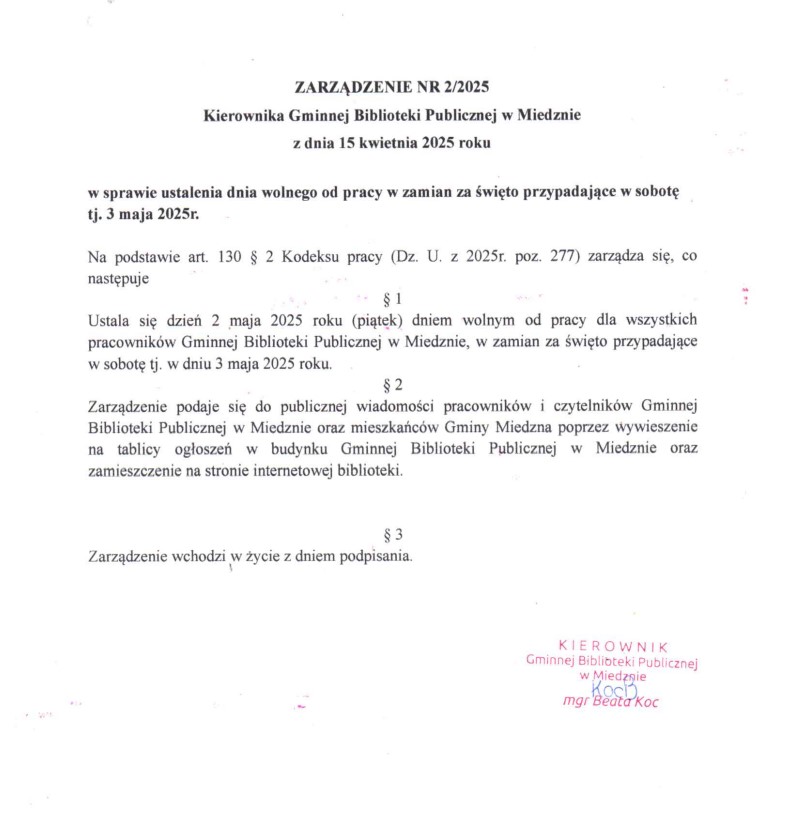 Zarządzenie nr 2/2025